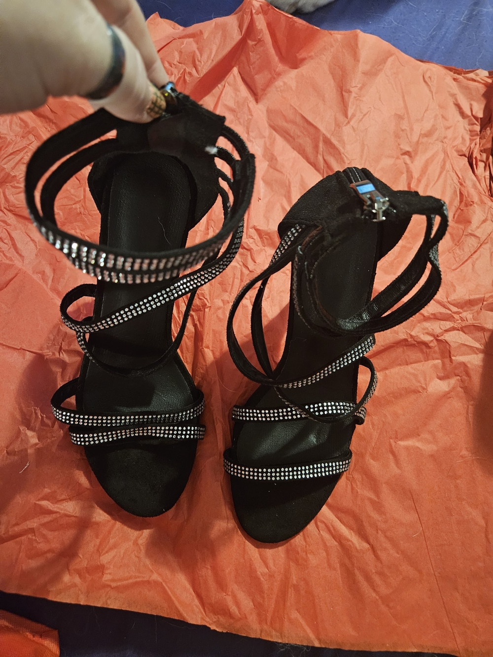Black Strappy Rhinestone Women's Heels